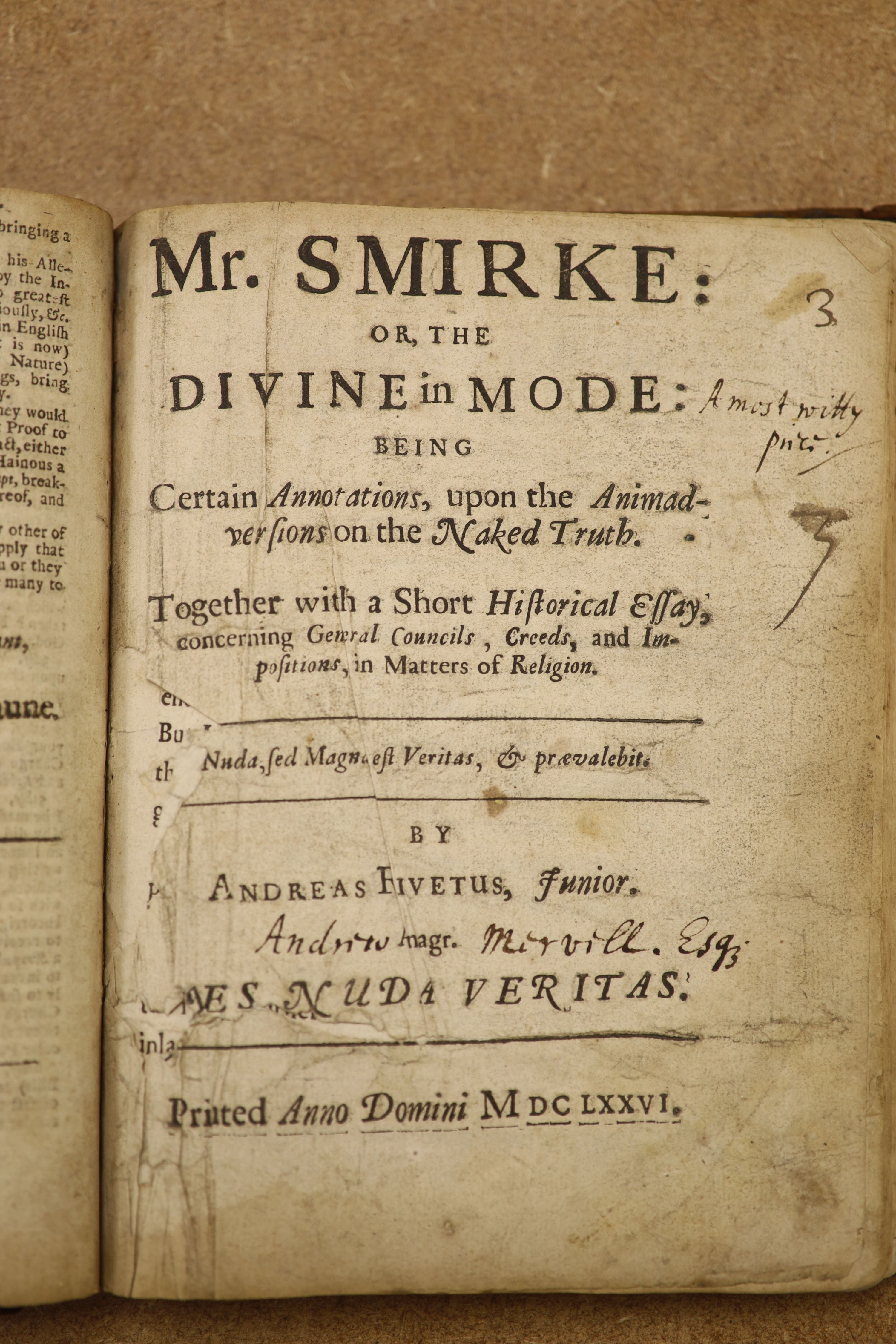 A leather bound volume of 17th / 18th century pamphlets, including a 1706 book on The Funeral Sermon of the late Mr Francis G......